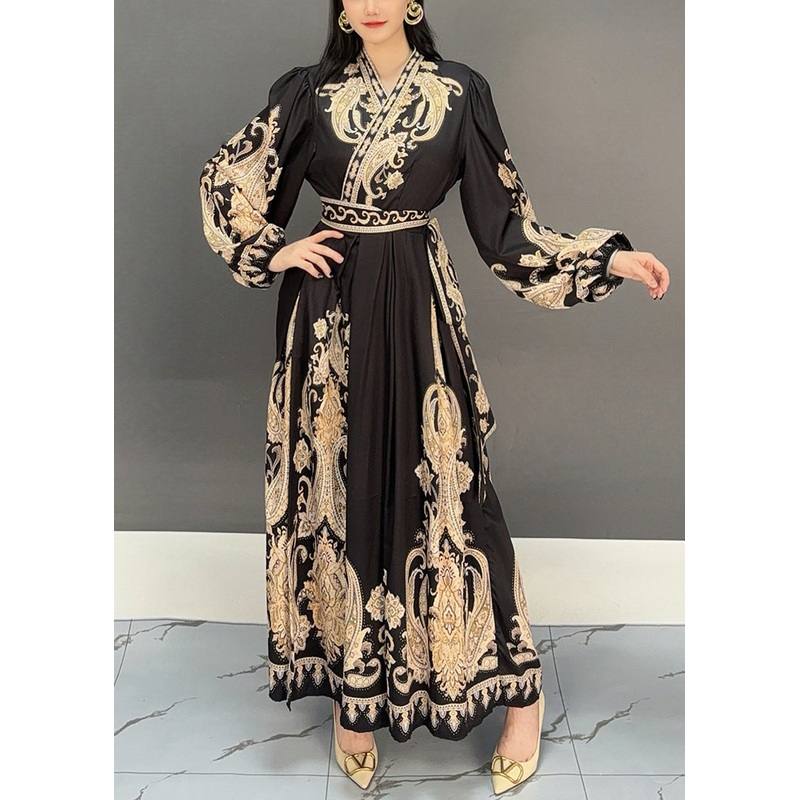 Black Print High Waist Fall Maxi Dresses V Neck