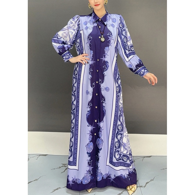 Blue Button High Waist Cotton Fall Long Dress Peter Pan Collar