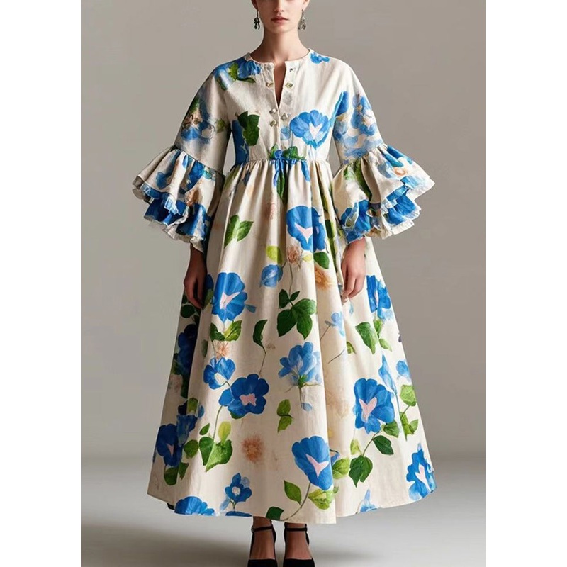 Bohemian Beige Print Cotton A Line Dress Flare Sleeve