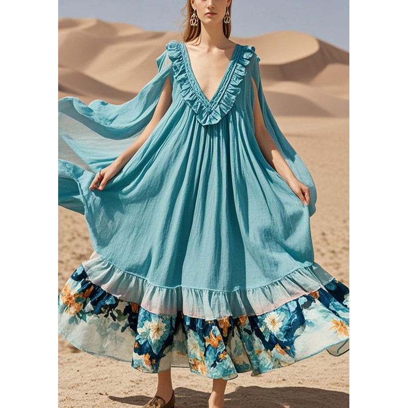 Bohemian Blue Oversized Patchwork Cotton Maxi Dress Summer
