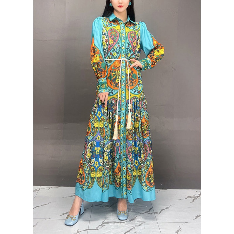 Bohemian Blue Peter Pan Collar Button Print Cotton Long Dress Fall