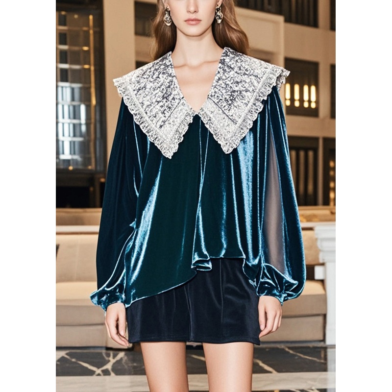 Bohemian Peacock Green Peter Pan Collar Silk Velour Shirts Fall