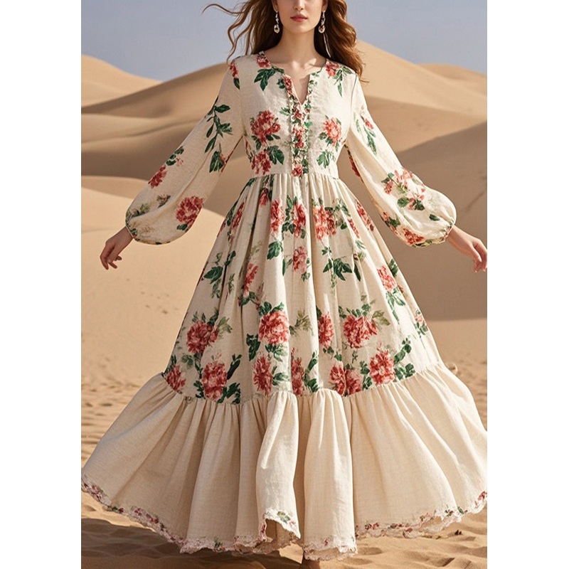 Bohemian Red Floral Cotton Party Dress Exra Large Hem Fall