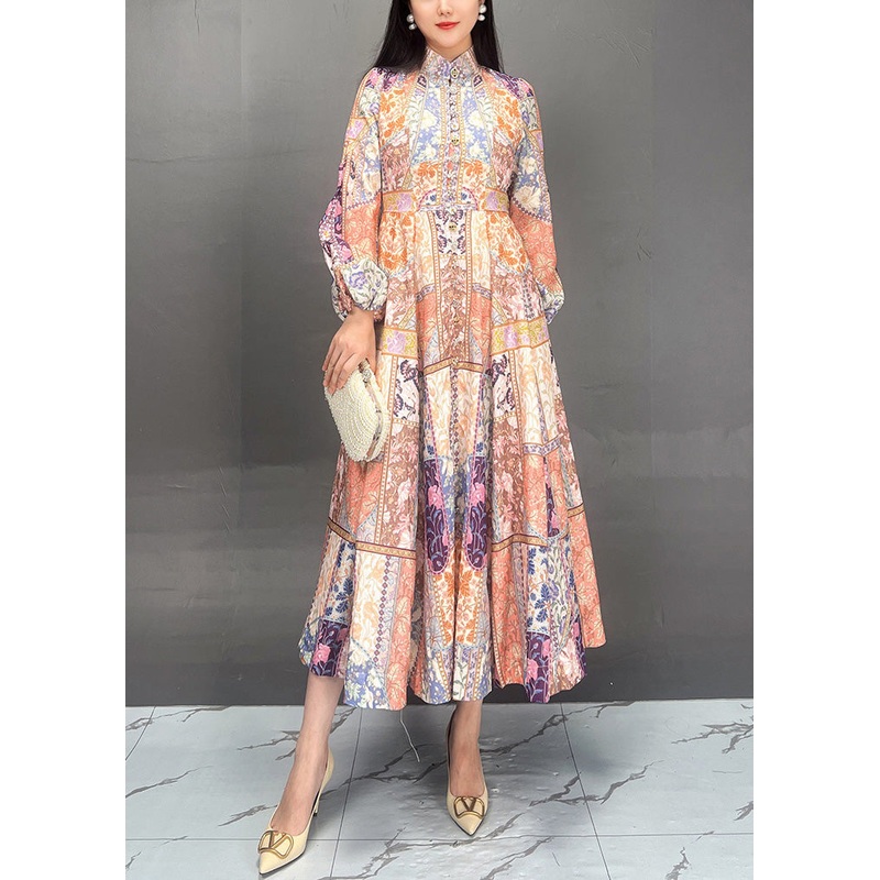 Bohemian Stand Collar Print Cotton Long Dress Fall