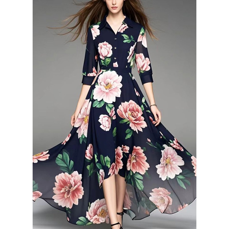 Boho Black Floral Exra Large Hem Chiffon Vacation Dresses Summer
