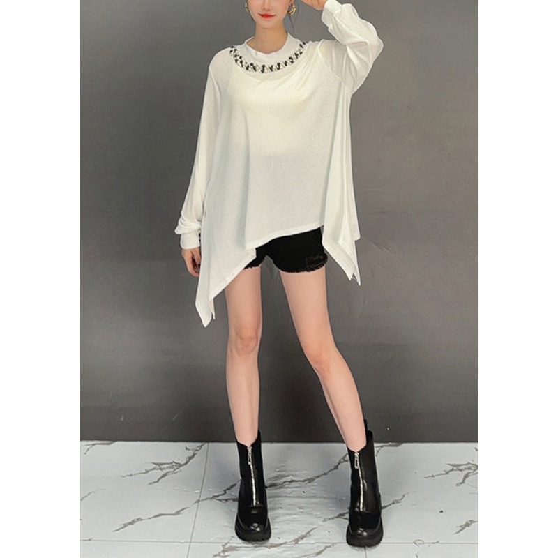 Casual White O-Neck Asymmetrical Cotton T Shirt Top Fall