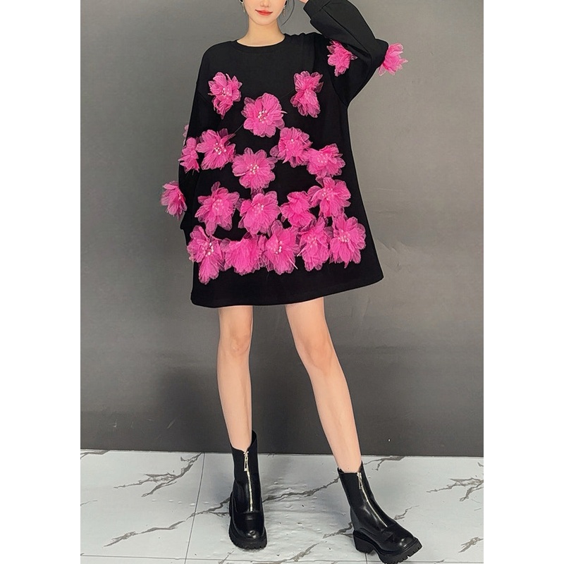 Stylish Black O Neck Floral Decorated Cotton Pullover Top Fall