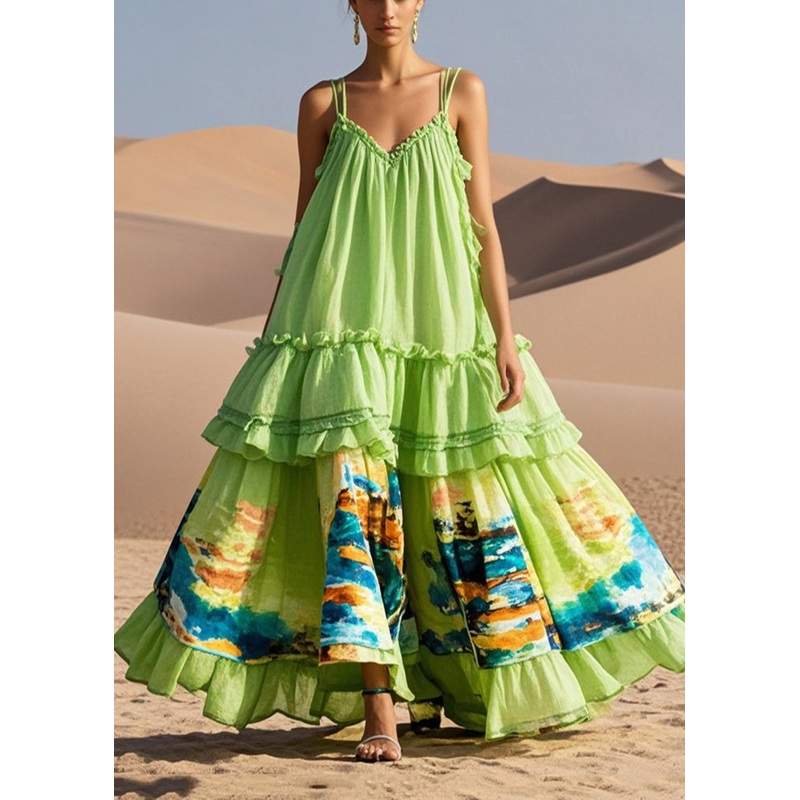 Unique Grass Green Ruffled Patchwork Exra Large Hem Cotton Sundress Summer