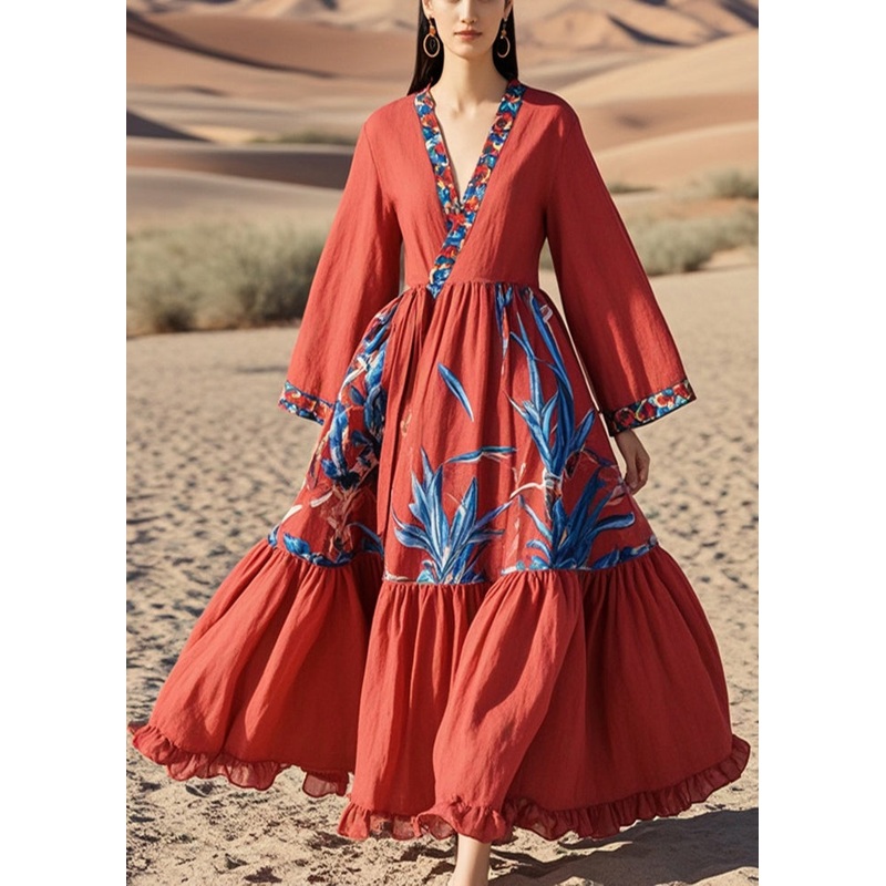 Unique Red Oversized Print Exra Large Hem Cotton Dresses Fall