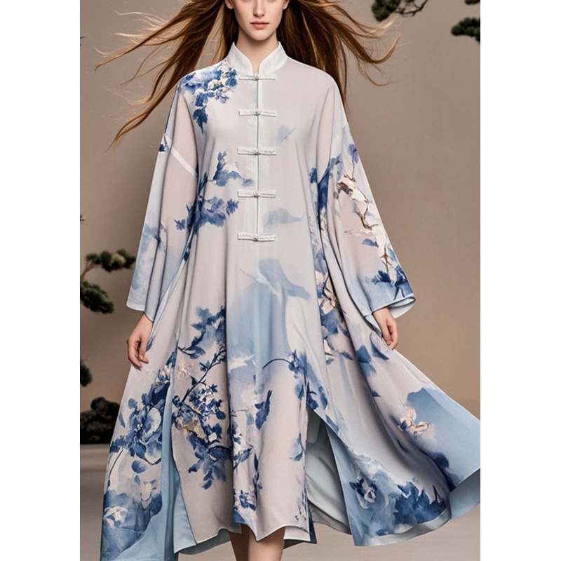 Vintage White Print Chinese Button Side Open Chiffon Oriental Dress Fall