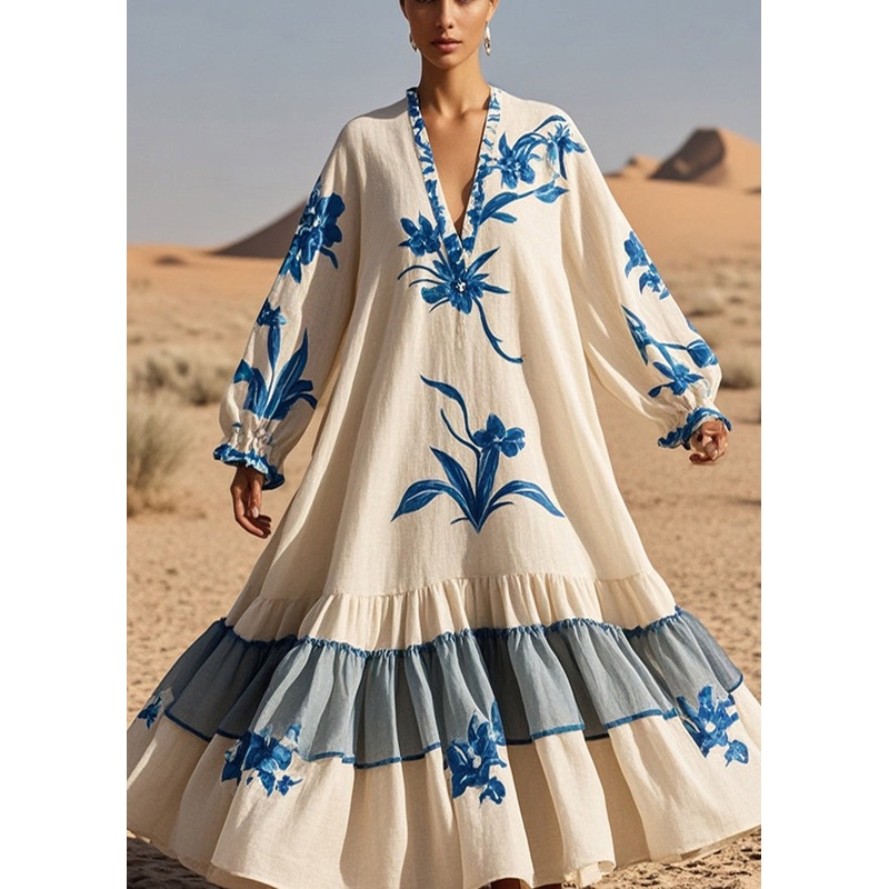 White Print Cotton Ankle Dress Oversized Exra Large Hem Fall