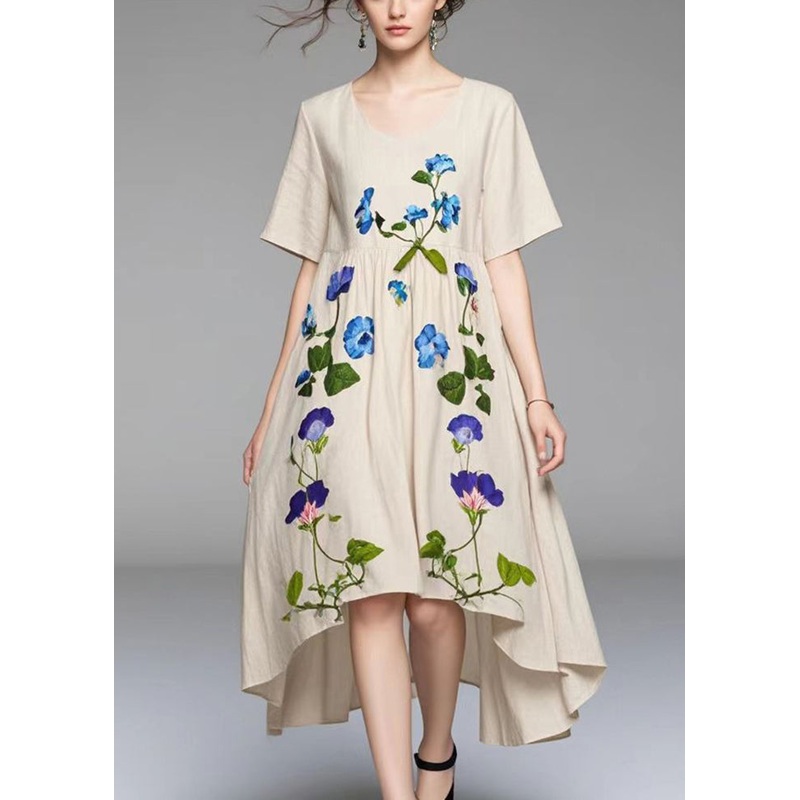 Women Beige Asymmetrical Print Cotton Vacation Dresses Summer