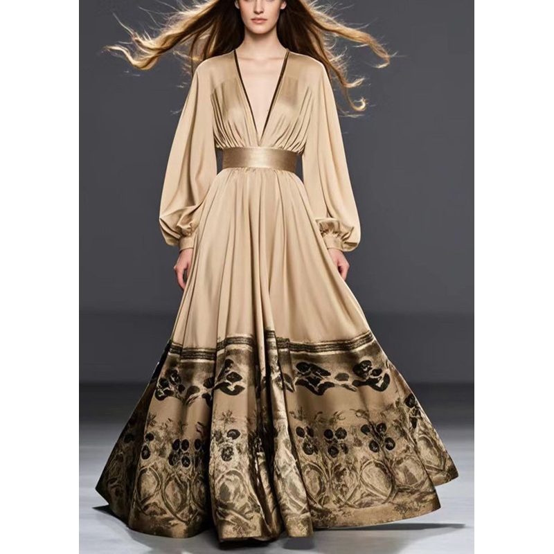 Women Golden Cinched Print Silk Maxi Dresses Fall
