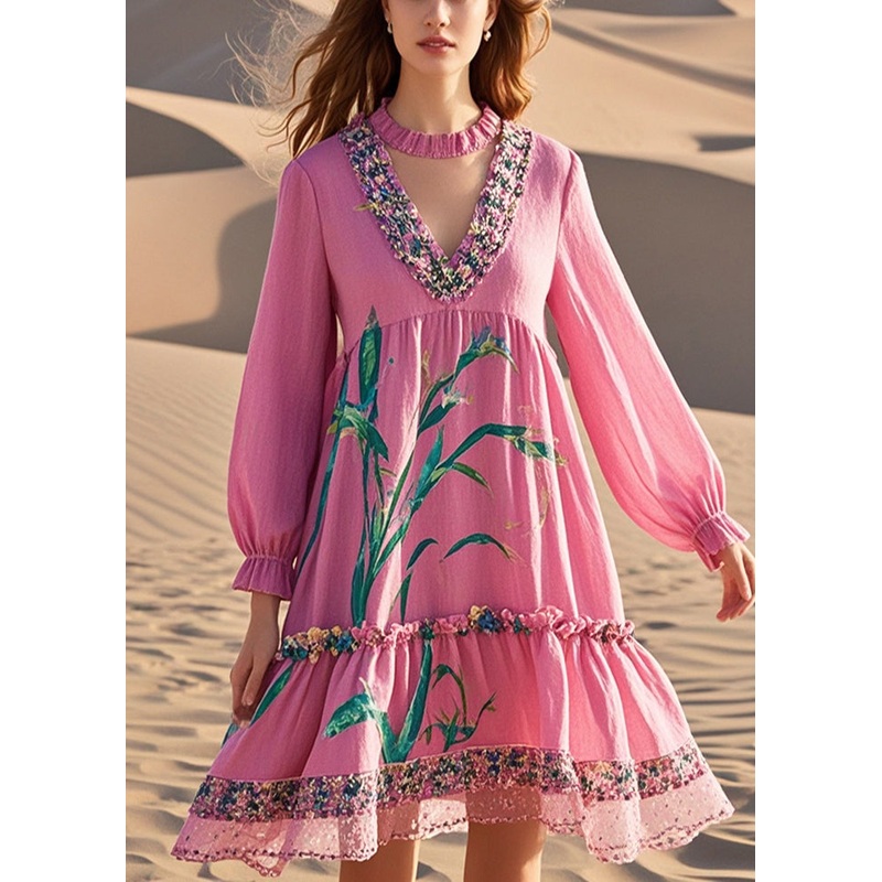 Women Pink V Neck Patchwork Print Cotton Day Dress Fall