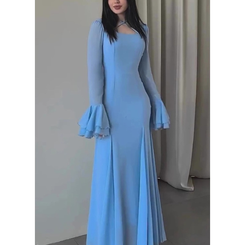 Women Slim Fit Blue U Neck Chiffon Maxi Dresses Butterfly Sleeve
