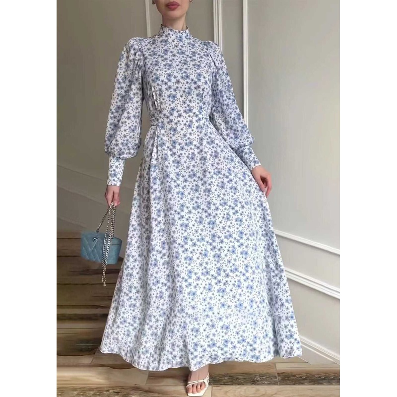 Women Stand Collar Print Lace Up Long Dress Lantern Sleeve