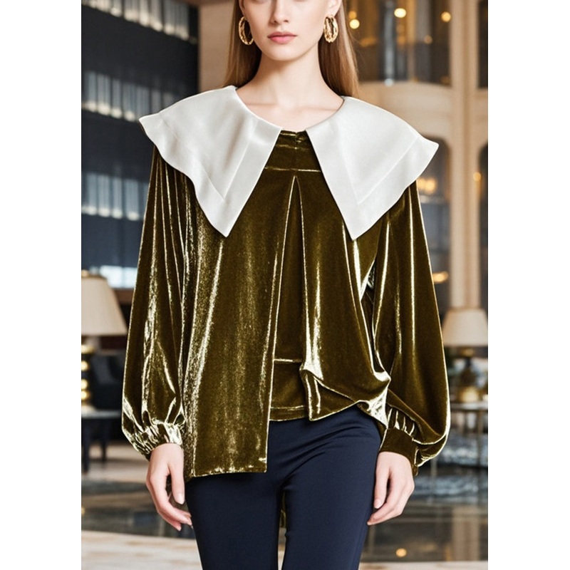 Women Tea Green Peter Pan Collar Silk Velour Tops Fall