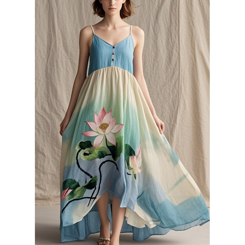 Women Tie Dye Lotus Print Cotton Spaghetti Strap Dress Summer