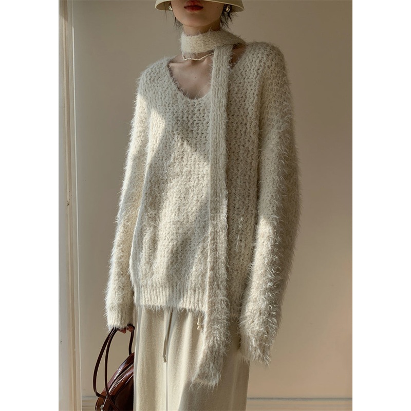 Apricot Solid Cozy Cotton Knit Winter Sweater V Neck