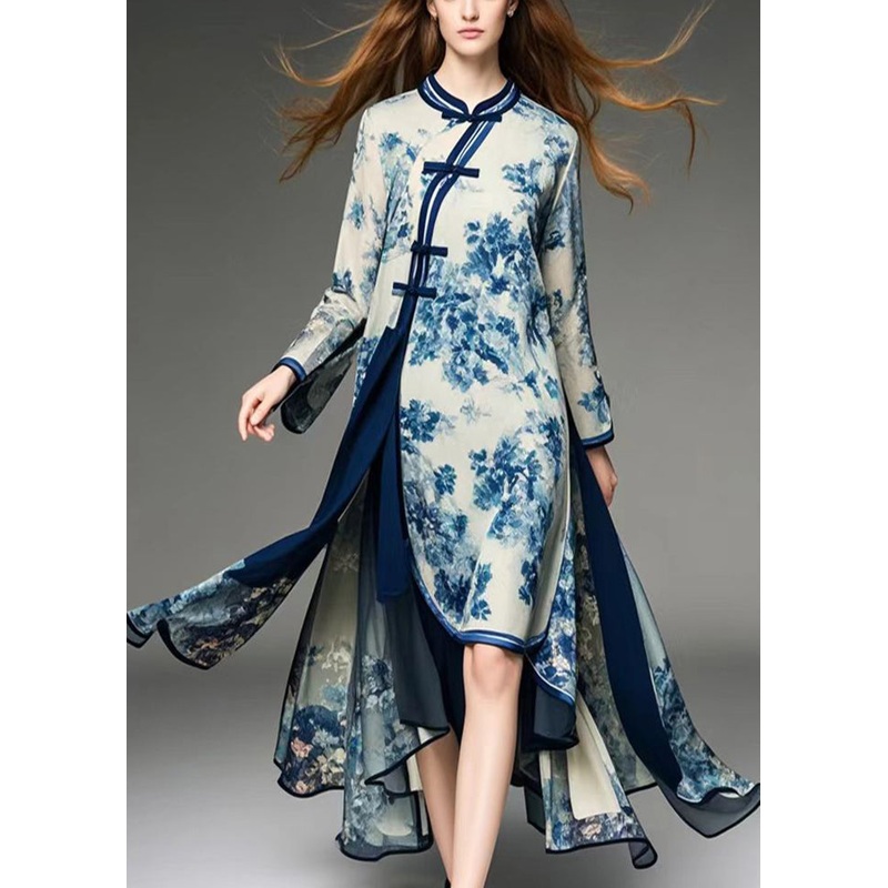 Art Apricot Asymmetrical Print Chiffon Oriental Dresses Fall