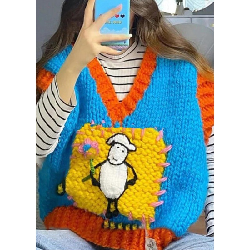 Art Blue V Neck Patchwork Cotton Knit Waistcoat Fall