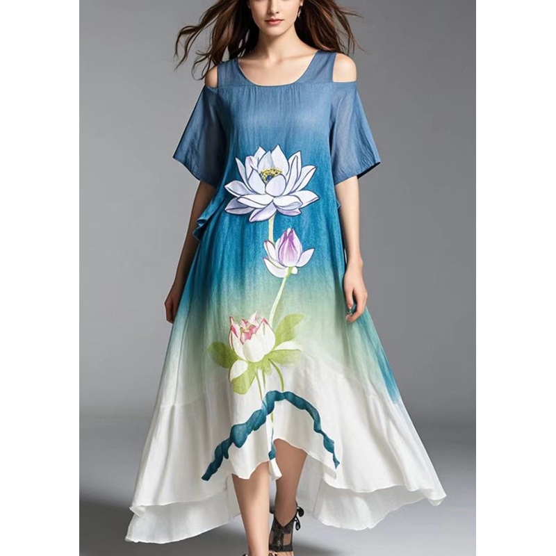 Beautiful Gradient Color Cold Shoulder Lotus Print Cotton Dress Summer