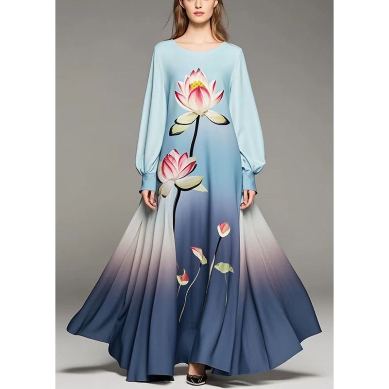 Beautiful Gradient Color Lotus Print Chiffon Dress Fall