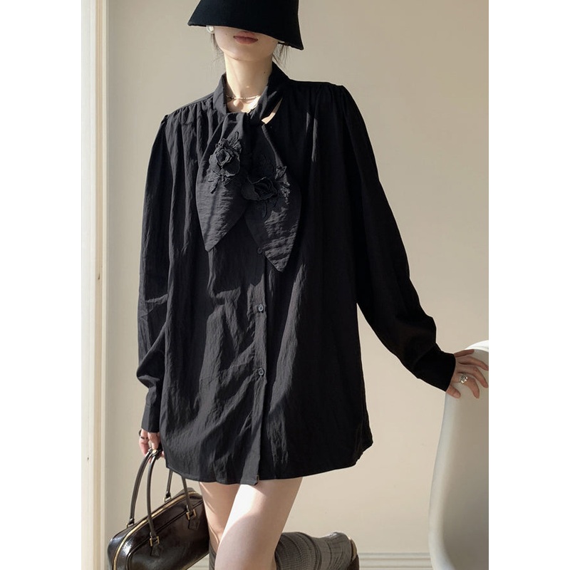 Black Button Solid Loose Cotton Fall Shirt Bow