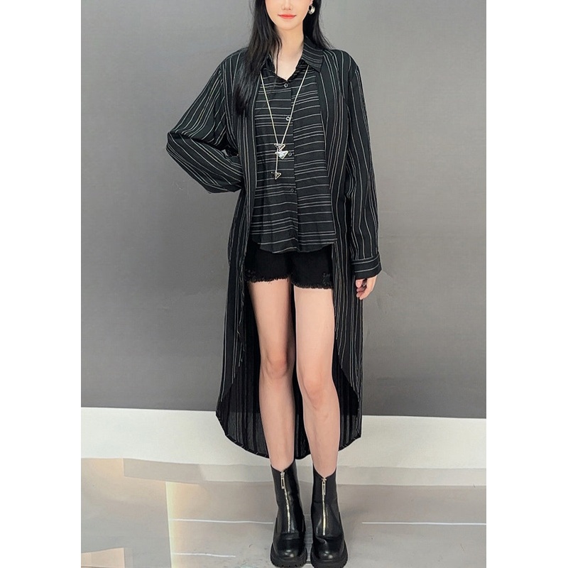 Black Low High Design Cotton Blouses Peter Pan Collar Fall