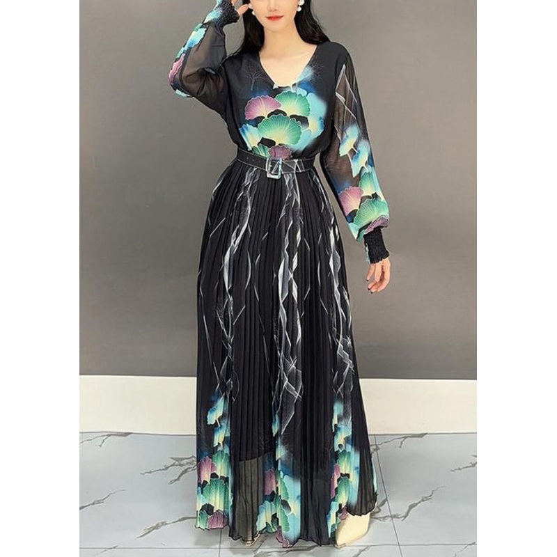 Black Print Sashes Long Dresses V Neck Fall