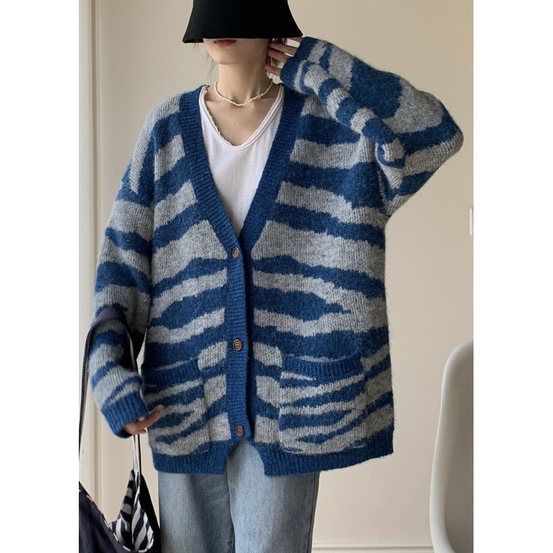 Blue Button Cozy Loose Knit Winter Cardigans V Neck