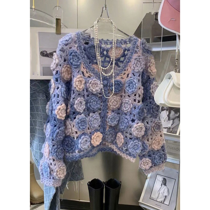 Blue Hollow Out Button Knit Fall Cardigan V Neck
