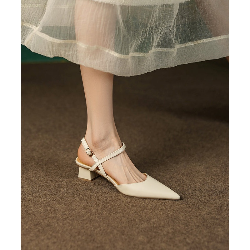 Chic Beige Splicing Cowhide Leather Chunky Sandals Pointed Toe