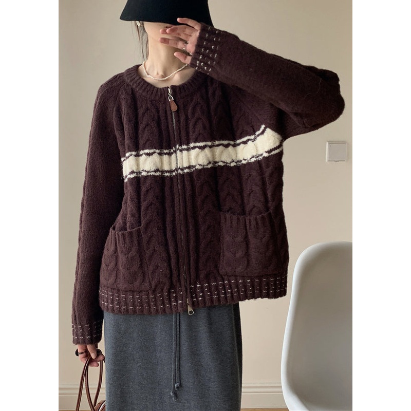 Coffee Pockets Patchwork Knit Winter Sweater Zip Up
