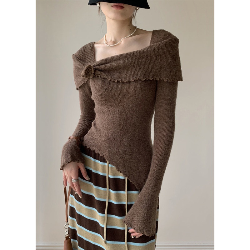 Coffee Solid Knitting Cotton Sweater Square Collar Flare Sleeve