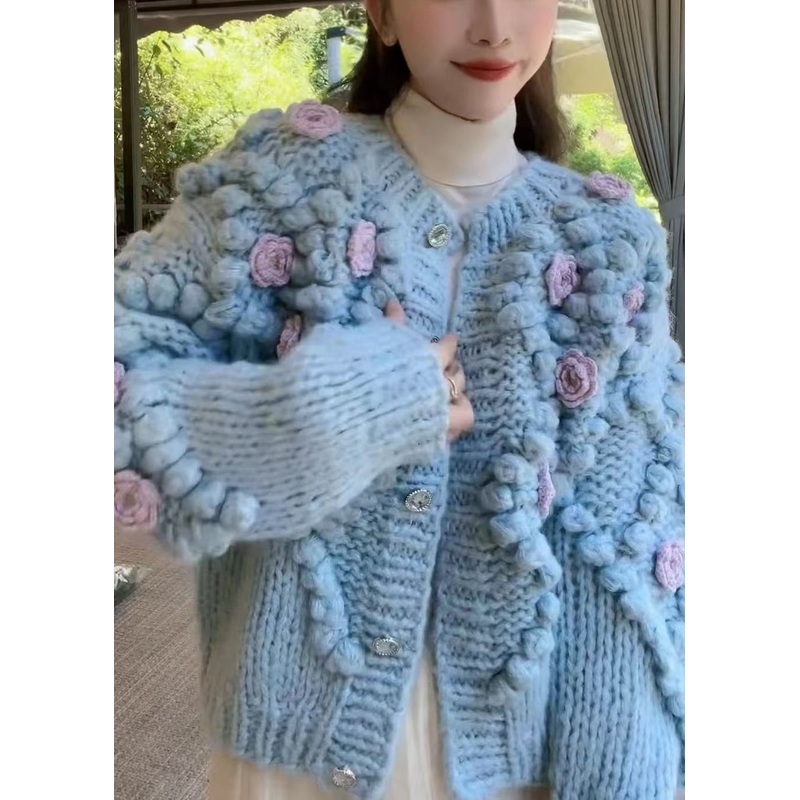 Floral Blue O Neck Button Cozy Knit Coat Winter