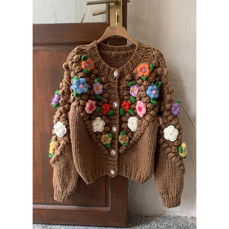 Floral Brown Button Cozy Patchwork Cotton Knit Coats Winter