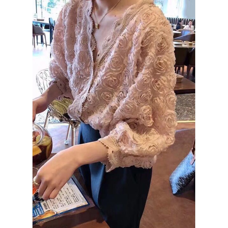 Floral Pink V Neck Button Lace Blouses Bracelet Sleeve