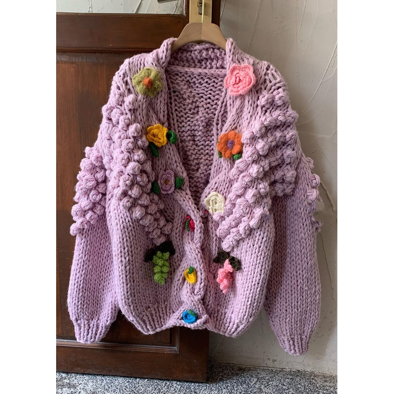 Floral Purple V Neck Button Cozy Knit Cardigans Winter