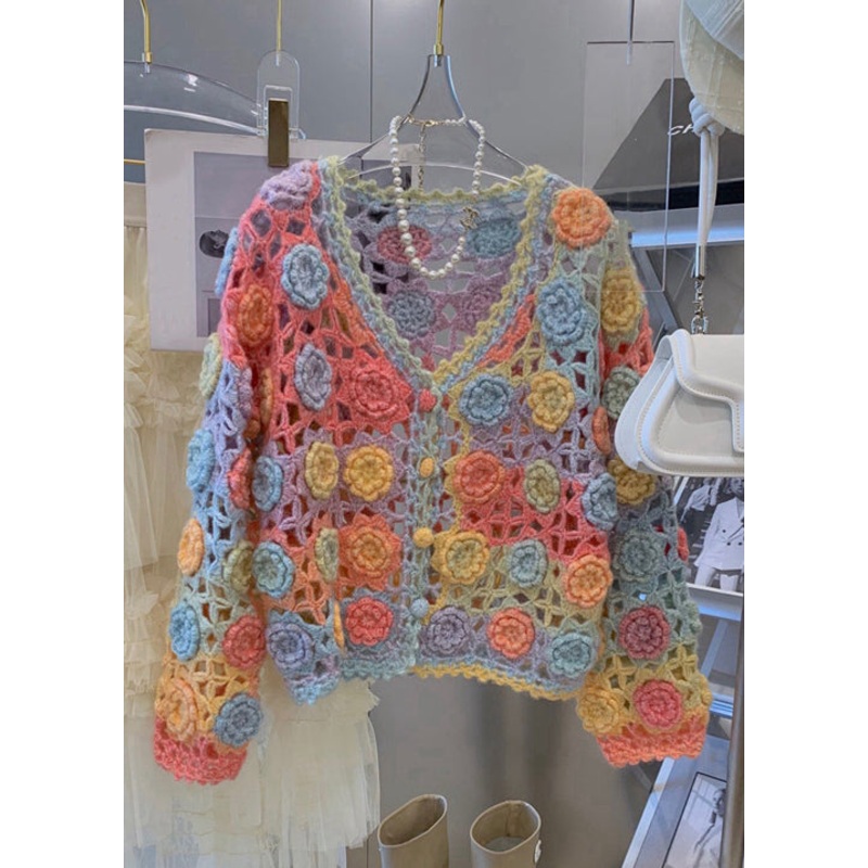 Floral Rainbow V Neck Hollow Out Knit Cardigan Fall