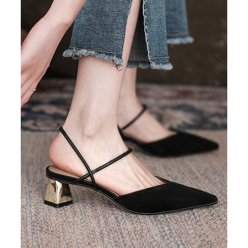 French Black Suede Splicing Chunky Sandals Pointed Toe