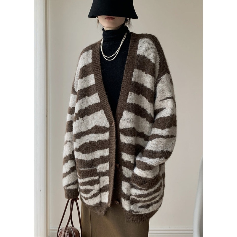 French Coffee Striped V Neck Pockets Knit Cardigans Winter