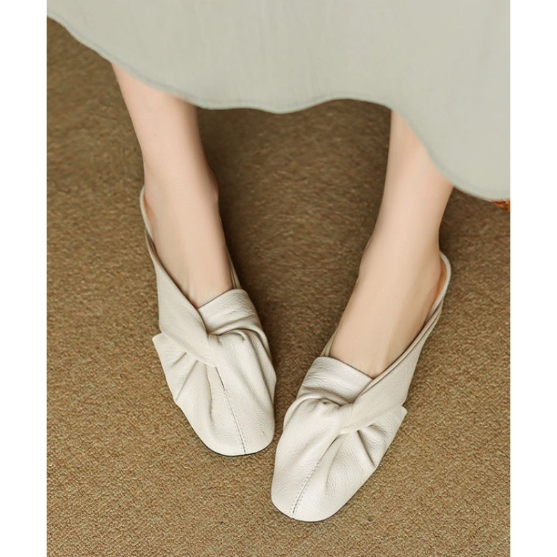 French Soft Splicing Beige Sheepskin Slide Sandals