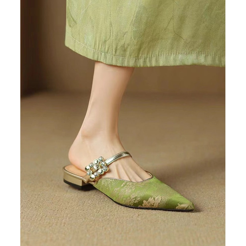 Green Chinese Style Splicing Zircon Slide Sandals Pointed Toe