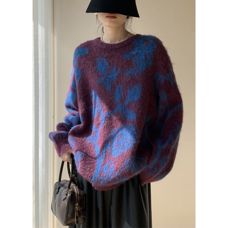 Jacquard Blue O Neck Cozy Cotton Knit Sweater Winter