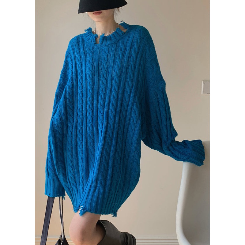 Loose Blue Hole Solid Cable Knit Sweaters Winter