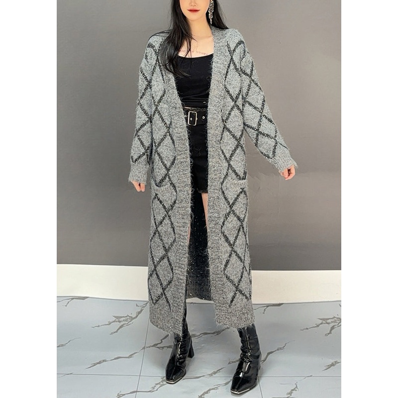 Loose Grey Plaid Pockets Cotton Knit Loose Cardigan Winter