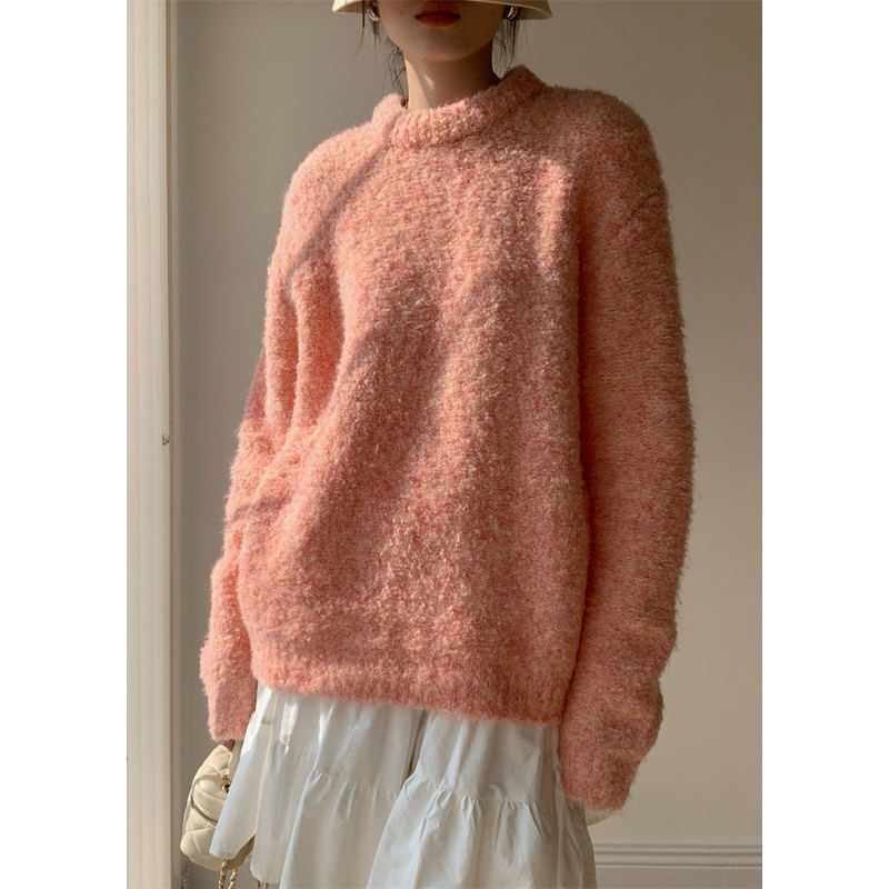 Loose Pink O-Neck Solid Fluffy Sweaters Winter