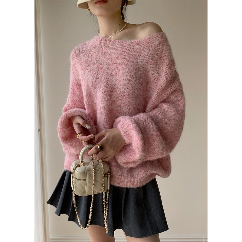 Simple Pink V Neck Cozy Cotton Knit Sweaters Winter