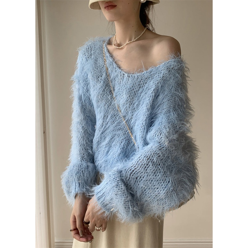 Sky Blue Hollow Ou Knit Sweater V Neck Batwing Sleeve